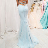 Blue sparkling mermaid dress crescent moon neckline