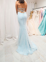 Celeste blue sparkling mermaid dress crescent moon neckline