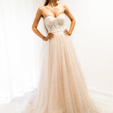 Blush tulle bustier corset dress for hire