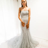 Silver mermaid dress with long train for hire
