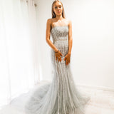 Silver mermaid dress with long train for hire
