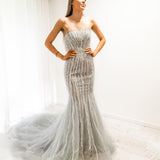 Silver mermaid dress with long train for hire