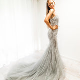 Silver mermaid dress with long train for hire