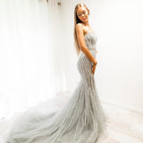 Silver mermaid dress with long train for hire