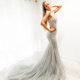 Silver mermaid dress with long train for hire