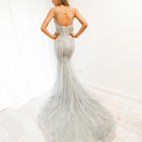 Silver mermaid dress with long train for hire
