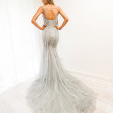 Silver mermaid dress with long train for hire