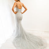 Silver mermaid dress with long train for hire