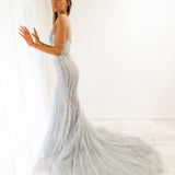 Silver mermaid dress with long train for hire