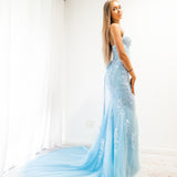 Baby Blue tulle corset lace mermaid dress with lace up back