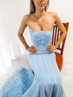 Luna baby blue lace strapless mermaid dress with crescent moon neckline