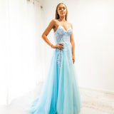 Baby blue tulle corset lace princess dress with lace up back for hire