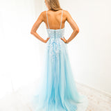 Baby blue tulle corset lace princess dress with lace up back for hire