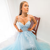 Baby blue tulle corset lace princess dress with lace up back for hire