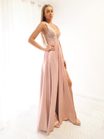 Miriam muted Pink Fondue satin dress with deep V neck (sample sale)