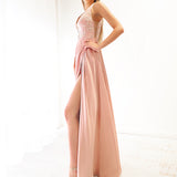 Muted Pink Fondue satin dress with deep V neck