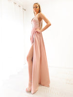 Miriam muted Pink Fondue satin dress with deep V neck (sample sale)