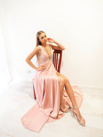 Muted Pink Fondue satin dress with deep V neck