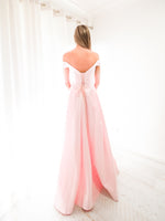 Sparkling baby pink off the shoulder princess dress with lace up back and leg split