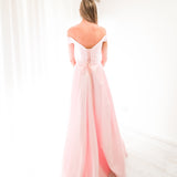 Sparkling baby pink off the shoulder princess dress with lace up back and leg split (sample sale)