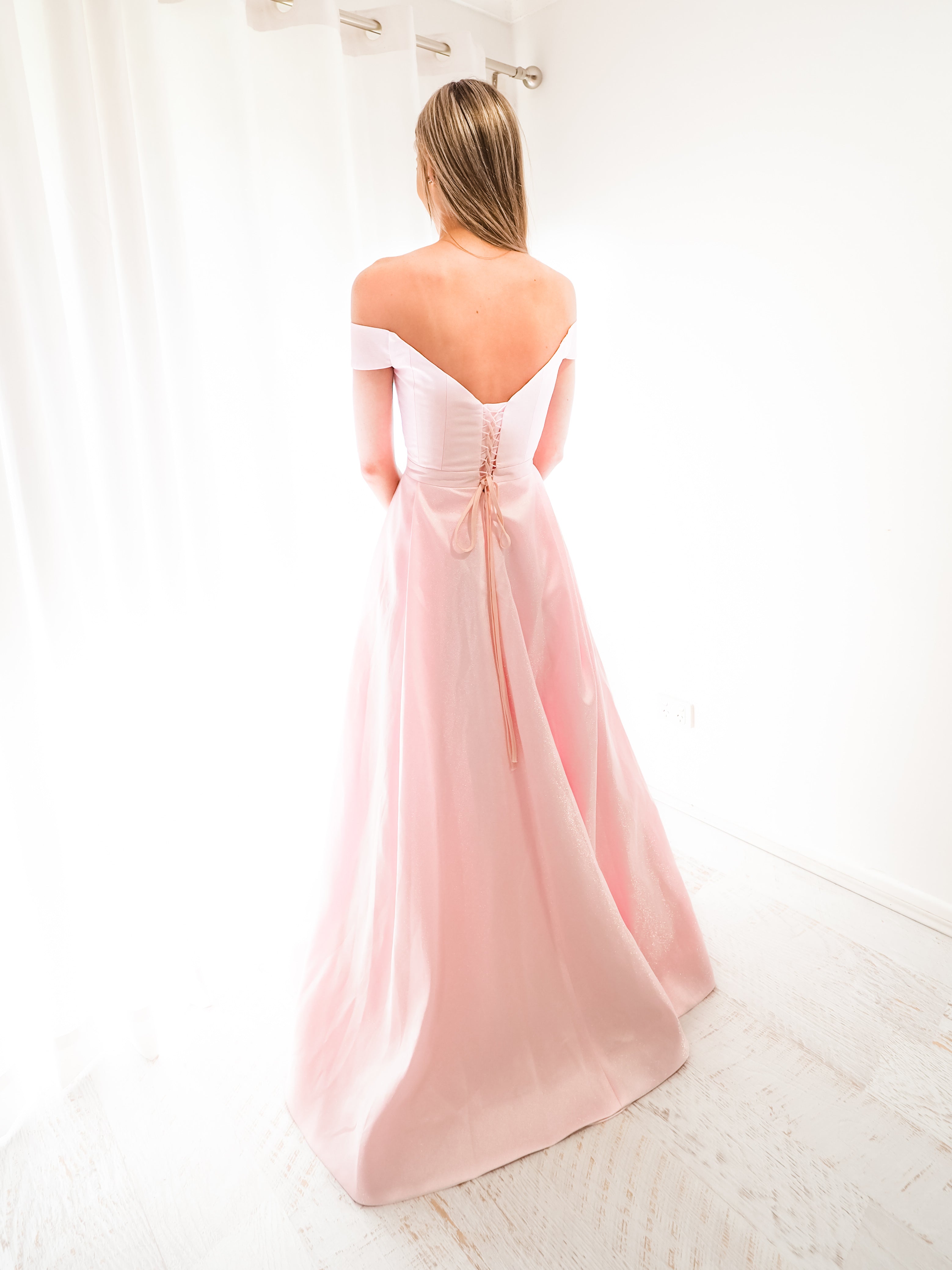 Sparkling baby pink off the shoulder princess dress with lace up back