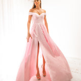 Sparkling baby pink off the shoulder princess dress with lace up back and leg split (sample sale)