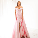 Sparkling baby pink off the shoulder princess dress with lace up back and leg split (sample sale)