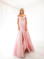 Sparkling baby pink off the shoulder princess dress with lace up back and leg split (sample sale)