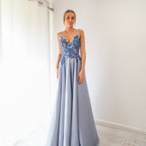 Steel baby blue satin dress with beaded lace (sample sale)