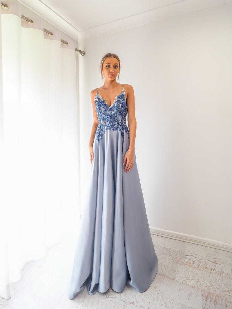 Baby blue hotsell silk prom dress