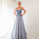 Steel baby blue satin dress with beaded lace (sample sale)