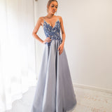 Steel baby blue satin dress with beaded lace (sample sale)