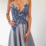 Steel baby blue satin dress with beaded lace (sample sale)