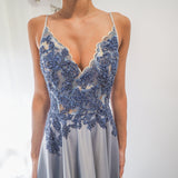 Steel baby blue satin dress with beaded lace (sample sale)