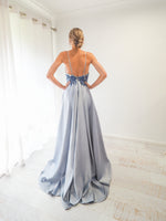 Steel baby blue satin dress with beaded lace