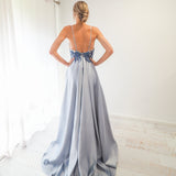 Steel baby blue satin dress with beaded lace (sample sale)