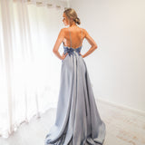Steel baby blue satin dress with beaded lace (sample sale)