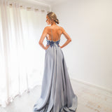 Steel baby blue satin dress with beaded lace (sample sale)