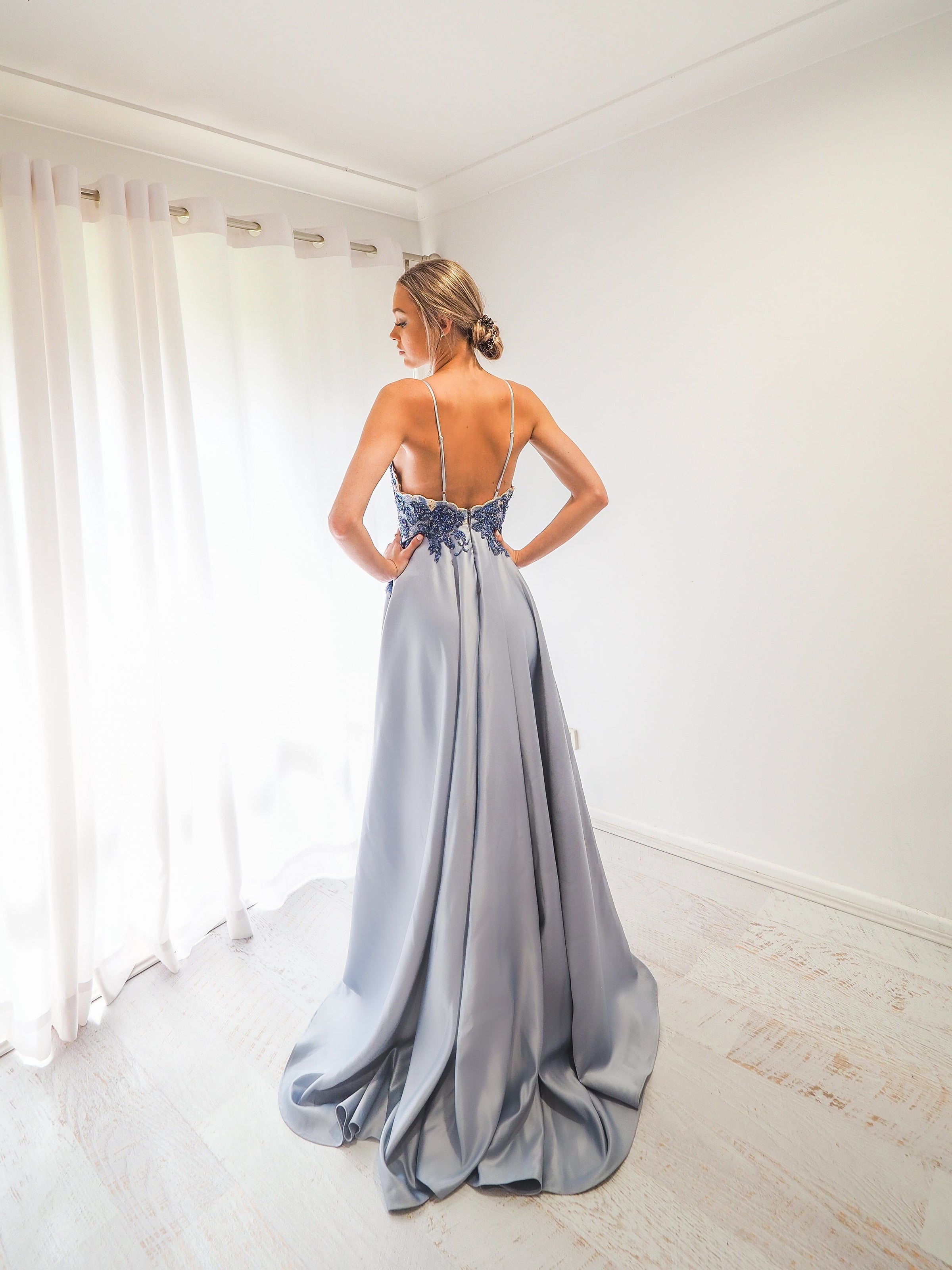 Steel baby blue satin dress with beaded lace (sample sale) – Destiny Chic