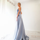 Steel baby blue satin dress with beaded lace