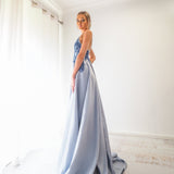 Steel baby blue satin dress with beaded lace (sample sale)
