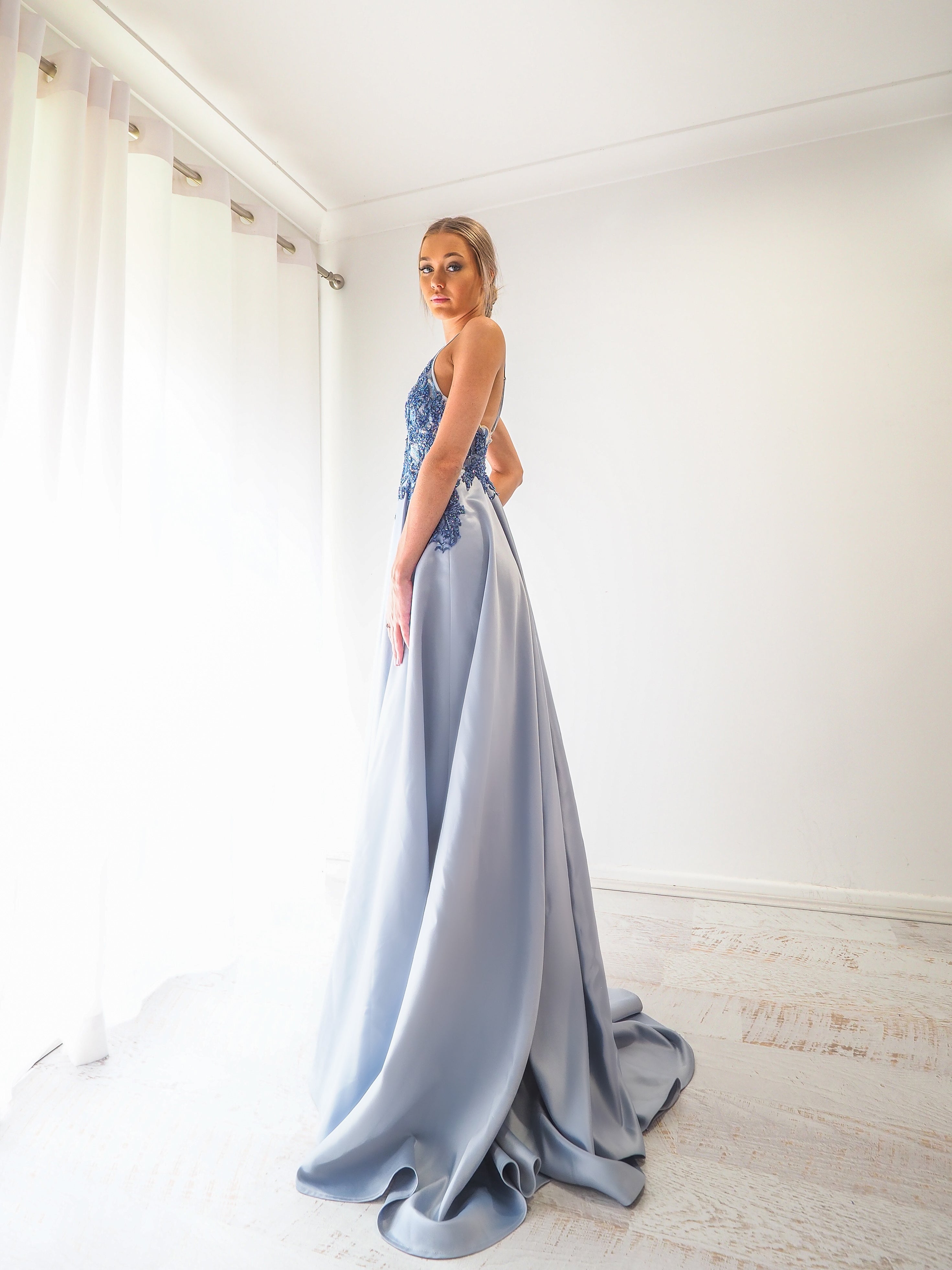 Steel baby blue satin dress with beaded lace (sample sale) – Destiny Chic