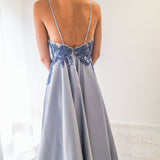 Steel baby blue satin dress with beaded lace (sample sale)