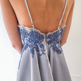 Steel baby blue satin dress with beaded lace (sample sale)