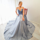 Steel baby blue satin dress with beaded lace (sample sale)