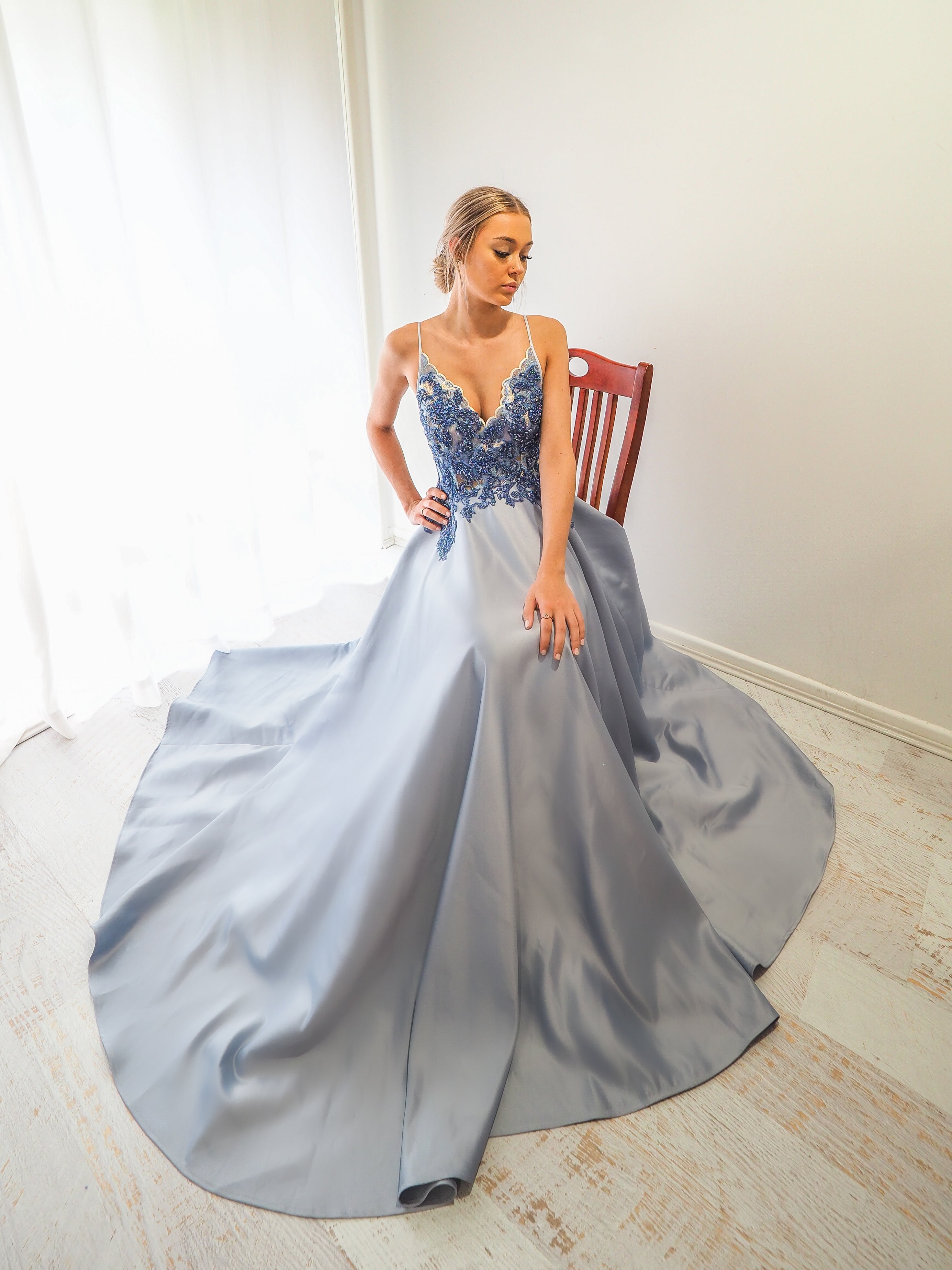 Steel baby blue satin dress with beaded lace (sample sale) – Destiny Chic