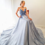 Steel baby blue satin dress with beaded lace (sample sale)