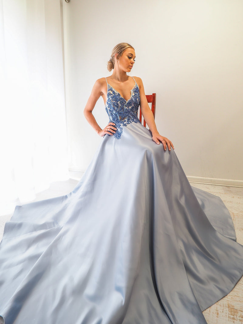 Steel baby blue satin dress with beaded lace (sample sale)