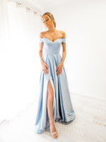 Elianna baby blue satin off the shoulder dress with lace up back (sample sale)