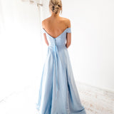 Baby blue satin off the shoulder dress with lace up back